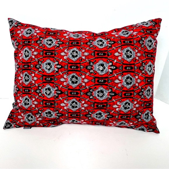 Kiriko Pillow 17x12 Red Print Blue Wool Denim Herringbone Back Cotton Insert PDX - Picture 3 of 12
